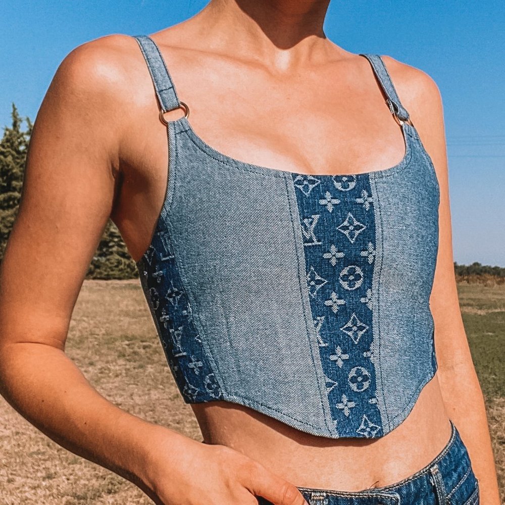 Denim Logo-Pattern Crop Top in Blue